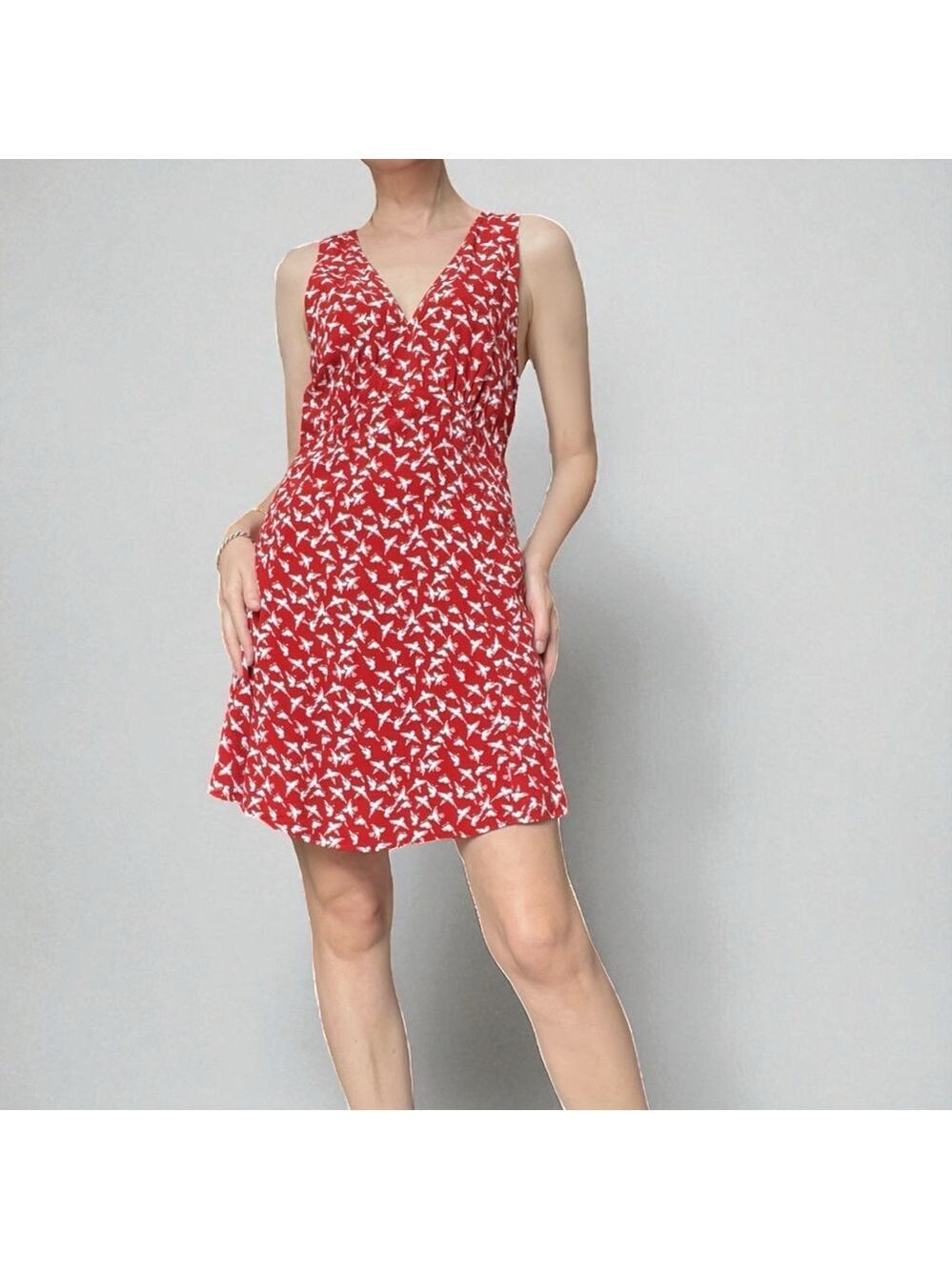 Free People Walk Me Home Bird-Print Red and White V-Neck Mini Dress 4